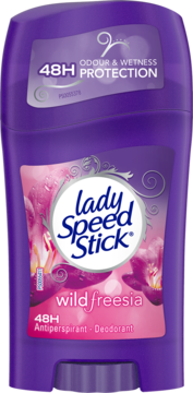 Fioletowy dezodorant Lady Speed Stick Wild Freesia, z etykietą w kwiaty, widok z przodu, ochrona 48h.