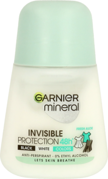 Biały antyperspirant Garnier Mineral roll-on Invisible Protection 48h Fresh Aloe, miętowa nakrętka, widok pod lekkim kątem.