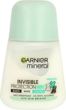 Biały antyperspirant Garnier Mineral roll-on Invisible Protection 48h Fresh Aloe, miętowa nakrętka, widok pod lekkim kątem.