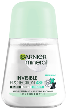 Garnier Mineral Invisible Protection 48h roll-on, Fresh Aloe, na czarne i białe ubrania, biała butelka, zielona zakrętka.