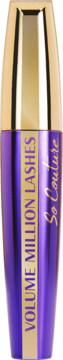 Fioletowa mascara L'Oréal Paris Volume Million Lashes So Couture ze złotą zakrętką, pionowy widok z przodu.