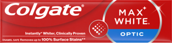 Czerwona tubka pasty Colgate Max White Optic z białym logo i napisem "MAX WHITE" na niebieskim tle, widok z przodu.