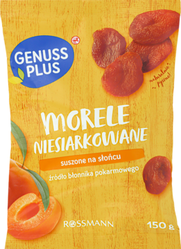 Żółto-pomarańczowa torebka Genuss Plus Rossmann Morele Niesiarkowane, widok z przodu, z suszonymi i świeżymi morelami.