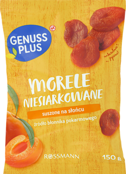 Żółto-pomarańczowa torebka Genuss Plus Rossmann Morele Niesiarkowane, widok z przodu, z suszonymi i świeżymi morelami.