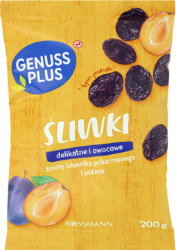 Żółta torebka Genuss Plus Śliwek suszonych bez pestek, z ilustracją owoców i logo Rossmann. Widok z przodu.