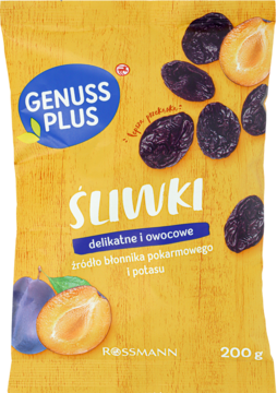 Żółta torebka Genuss Plus Śliwek suszonych bez pestek, z ilustracją owoców i logo Rossmann. Widok z przodu.