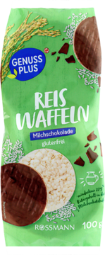 Zielone opakowanie wafli ryżowych Genuss Plus z mleczną czekoladą, 100g, bezglutenowych, z dwoma waflami.