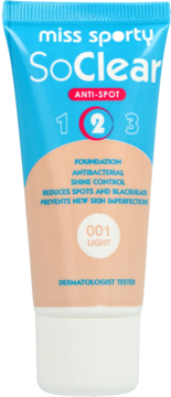 Podkład Miss Sporty SoClear Anti-Spot 001 Light w beżowo-niebieskiej tubce, widok z przodu.
