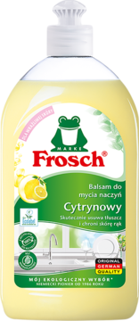 Frosch cytrynowy balsam do mycia naczyń w żółtej butelce z białą nakrętką, widok z przodu, logo żaby.