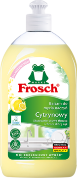 Frosch cytrynowy balsam do mycia naczyń w żółtej butelce z białą nakrętką, widok z przodu, logo żaby.