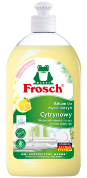 Żółty Frosch Cytrynowy Balsam do mycia naczyń, butelka z zieloną etykietą i logo żaby, widok z przodu.