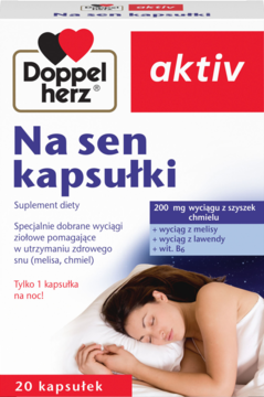 Białe pudełko Doppelherz Na sen kapsułki, widok z przodu. Suplement z chmielem i melisą ułatwiający zasypianie.