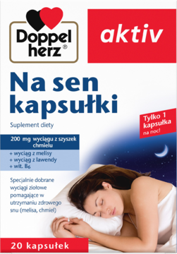 Doppelherz aktiv Na sen kapsułki, biało-czerwone opakowanie z chmielem, melisą i lawendą na sen.