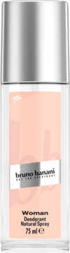 Bruno Banani Woman Deodorant Natural Spray 75ml, przezroczysta butelka, różowa etykieta, widok z przodu.