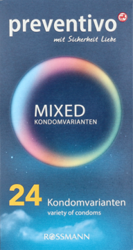 Opakowanie prezerwatyw Preventivo MIXED, 24 sztuki, granatowe z tęczową grafiką i żółtym numerem '24'.