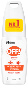 Biała butelka OFF! repelentu na komary i kleszcze, nietłusta formuła, przód, z etykietą NR 1.