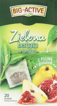 Zielona herbata Big-Active z pigwą i granatem w zielonym kartonie, widok z przodu, z ilustracjami owoców.