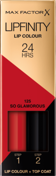 Max Factor Lipfinity Lip Colour 125 So Glamorous w złoto-czerwonym pudełku, z pomadką i top coatem 24H.