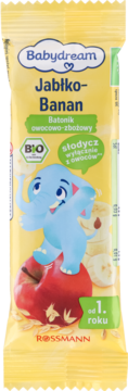 Babydream Jabłko-Banan batonik owocowo-zbożowy BIO w żółtym opakowaniu, z uśmiechniętym słoniem, widok z przodu.