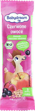 BABYDREAM ,batonik owocowo-zbożowy dla dzieci, Czerwone Owoce, od 1. roku życia,przód