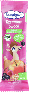 Babydream Czerwone owoce batonik zbożowy BIO dla dzieci 1+ w różowym opakowaniu z lamą i owocami.