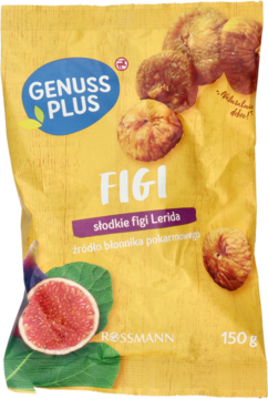 Żółte opakowanie suszonych fig Genuss Plus Fiki, 150g, z przodu widać owoce i logo Rossmann.