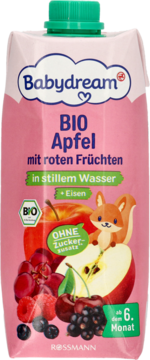 Babydream BIO nektar jabłkowy z czerwonymi owocami w różowym kartoniku z wiewiórką, przód, od 6. miesiąca.