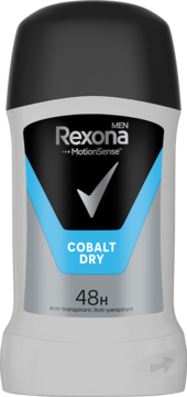 Rexona Men Cobalt Dry antyperspirant w sztyfcie, szary z czarną nakrętką, z niebieskim napisem Cobalt Dry, widok z przodu.