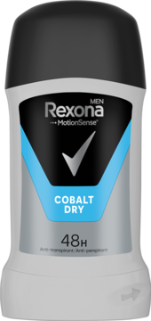 Rexona Men Cobalt Dry antyperspirant w sztyfcie, szary z czarną nakrętką, z niebieskim napisem Cobalt Dry, widok z przodu.