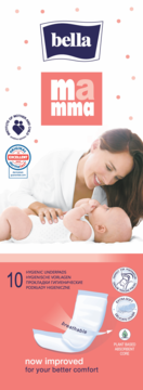 Bella Mamma, 10 superchłonnych podkładów higienicznych. Opakowanie z uśmiechniętą matką, dzieckiem i detalem wkładki.
