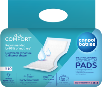 Canpol Babies Air Comfort, oddychające podkłady poporodowe, 10 sztuk. Niebieskie opakowanie z grafiką podpaski.
