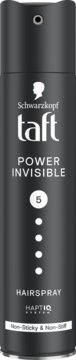 Ciemnoszary lakier do włosów Schwarzkopf Taft Power Invisible 5, widok z przodu, z białymi napisami.