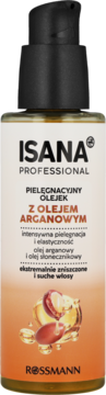 Isana Professional olejek do włosów z arganem i słonecznikiem, butelka z pompką dla suchych i zniszczonych włosów. Widok z przodu.