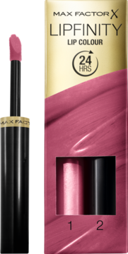 Max Factor Lipfinity Lip Colour 55 Sweet, różowa pomadka z wyjętym aplikatorem i pudełkiem, widok z przodu.