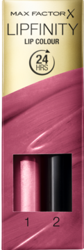 Max Factor Lipfinity Lip Colour, front view of pink and gold packaging, shows 24 HRS and 2 components.