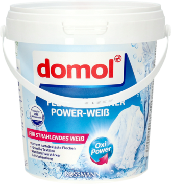 Domol OXI Power-Weiss odplamiacz w białym wiaderku, frontalny widok, dla lśniącej bieli.