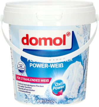 Domol OXI Power-Weiss odplamiacz w białym wiaderku, frontalny widok, dla lśniącej bieli.