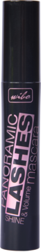 Czarny tusz WIBO Panoramic Lashes & Volume mascara. Widoczne różowe napisy, cylindryczne opakowanie, widok z przodu.