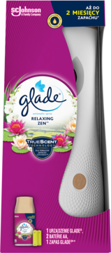 Glade Relaxing Zen automatyczny odświeżacz powietrza w fioletowym opakowaniu. Zestaw z urządzeniem, zapasem i bateriami.