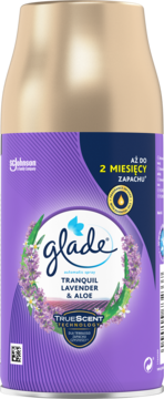 Glade automatic spray Tranquil Lavender & Aloe w złoto-fioletowej puszce, przód z lawendą i stokrotkami.