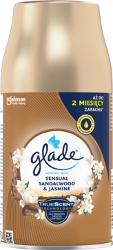 Glade automatic spray Sensual Sandalwood & Jasmine, brązowy wkład z kwiatami i drewnem, widok z przodu.