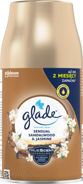 Glade automatic spray Sensual Sandalwood & Jasmine, brązowy wkład z kwiatami i drewnem, widok z przodu.