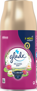 Zapas Glade Relaxing Zen, automatyczny odświeżacz, purpurowo-złota butelka z liliami wodnymi.