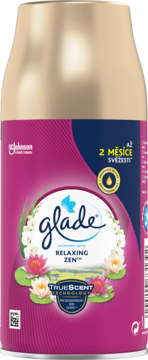 Zapas Glade Relaxing Zen, automatyczny odświeżacz, purpurowo-złota butelka z liliami wodnymi.