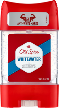 Old Spice Whitewater antyperspirant w przezroczystym sztyfcie, czerwono-niebieska etykieta, widok z przodu.