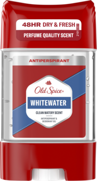 Old Spice Whitewater antyperspirant w czerwono-przeźroczystym opakowaniu, widok z przodu, 'Clean Watery Scent'.