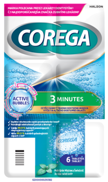 Biało-niebieskie opakowanie Corega tabletek do czyszczenia protez, z napisem "3 MINUTES", "ACTIVE BUBBLES" i miętowy smak.
