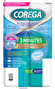 Corega 3 MINUTE tabletki do protez, biało-niebieskie foliowe opakowanie z bąbelkami, widok z przodu.
