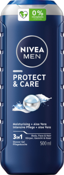 NIVEA MEN Protect & Care żel 3w1 z aloesem, 500ml, ciemnoniebieska butelka, widok z przodu.