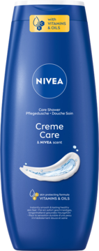 NIVEA Creme Care kremowy żel pod prysznic w niebieskiej butelce, widok z przodu, z ikonami witamin i olejków.
